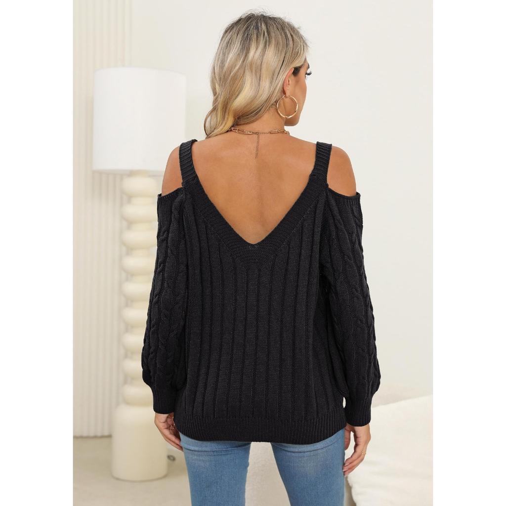 Women's Deep V Off Shoulder Loose Slouchy Knit Pullover Sweater, Fall Winter  Basic Top for Ladies