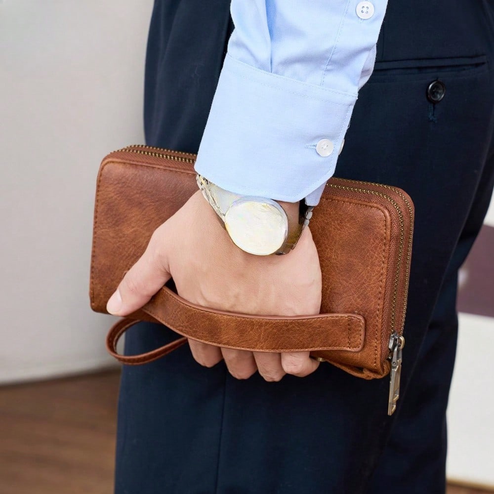 New RFID men's business wallet, stylish double zipper long wallet, vintage large capacity clutch
