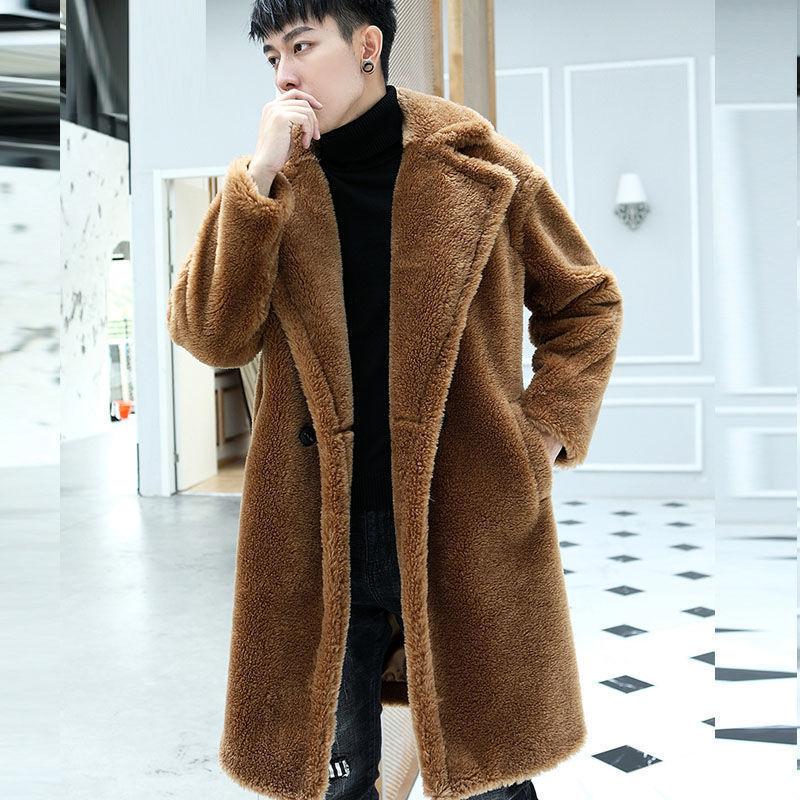 Winter New Thickened Sheep Shearing Men's Long Trench Coat Over the Knee To Keep Warm Imitation Fur Coat Wool Coat