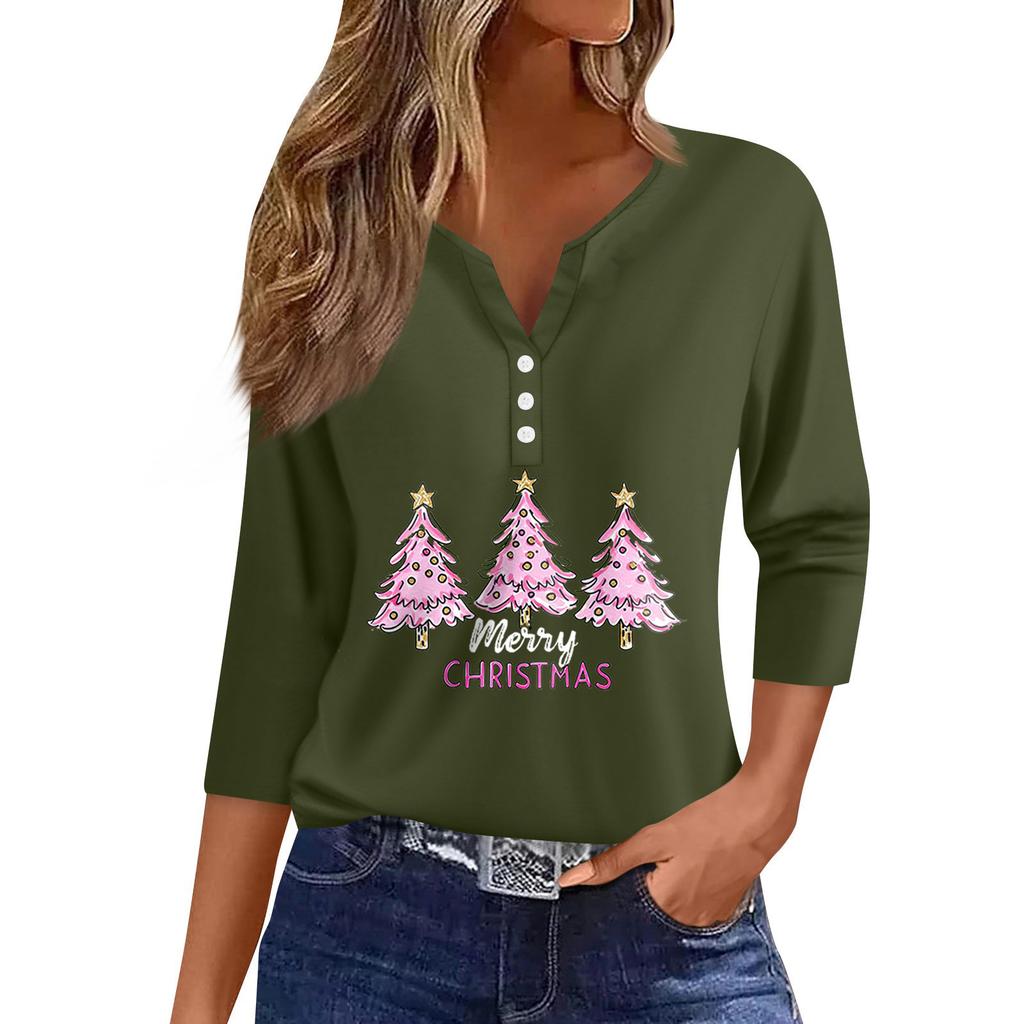 Γυναικείο μπλουζάκι μπλουζάκι με τύπωμα κουμπιού μανίκι 3/4 Καθημερινή μόδα για Σαββατοκύριακο Basic V-λαιμόκοψη κανονικό μπλουζάκι