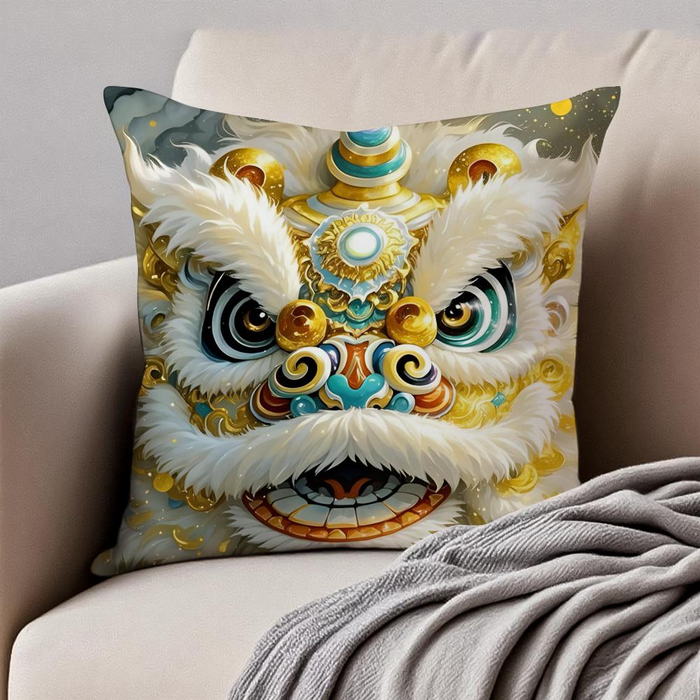 Traditional Dancing Lion Anime Lucky Cushion Cover Pillowcase Antidustmite Invisible Zipper Short Plush Sofa Cushion