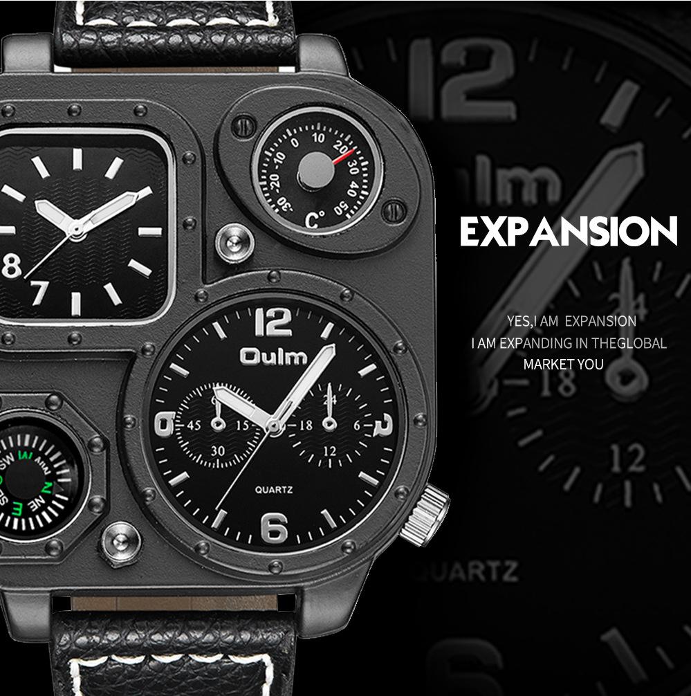 Oulm 1169 Big Dial Analog Luminous Hands Quartz Wrist Watch Clock PU Leather Band Multiple Time Zone Fashion Casual Mens Watch