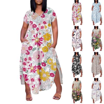Women Floral Maxi Dress Summer Casual Short Sleeve Dress Sundress V-Neck Long Dresses With Pockets Beach Vacation