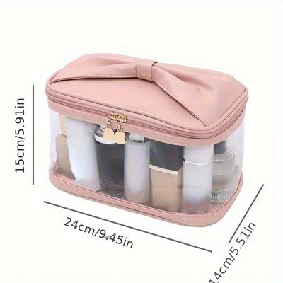 1 Peça Bolsa de Maquiagem Portátil para Mulheres e Meninas com Design de Laço, Janela Transparente Grande Capacidade Organizador de Armazenamento de Cosméticos de Viagem