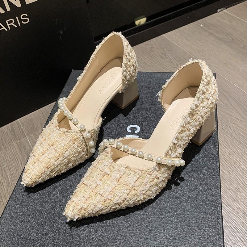 Fashion Spring New Coarse Heel Shoes Women Fashion Pointed Shallow Mouth Cloth Surface Bead Anti-slip Wear-resistant High Heels