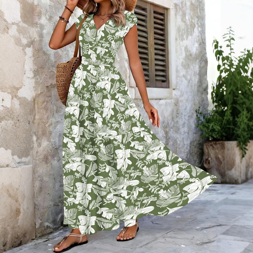 Women Vintage Floral Print V Neck Waist Cinched Short Sleeve Maxi Dress Casual Summer Long Dress for Daily Wear