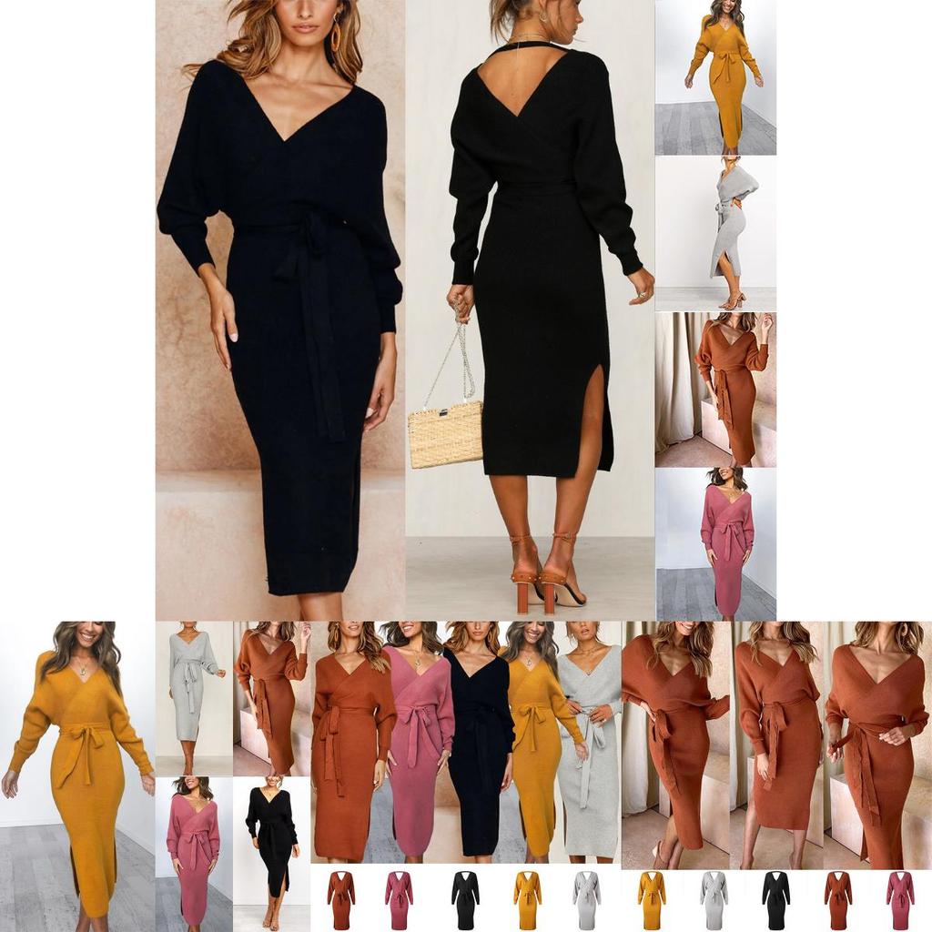 Elegant Women Winter Deep V-neck Knitted Sweater Dress With Cozy Long Sleeves