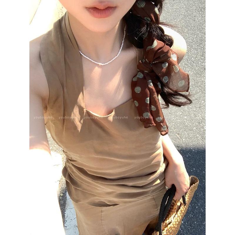 French Brown Polka Dot Long Scarf for Women's Fashion Accessories, Neck Accessories, Headband, Long Ribbon