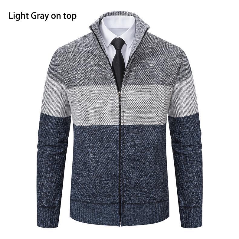 Men's Color Block Velvet-Lined Knit Cardigan with Stand Collar for Fall/Winter