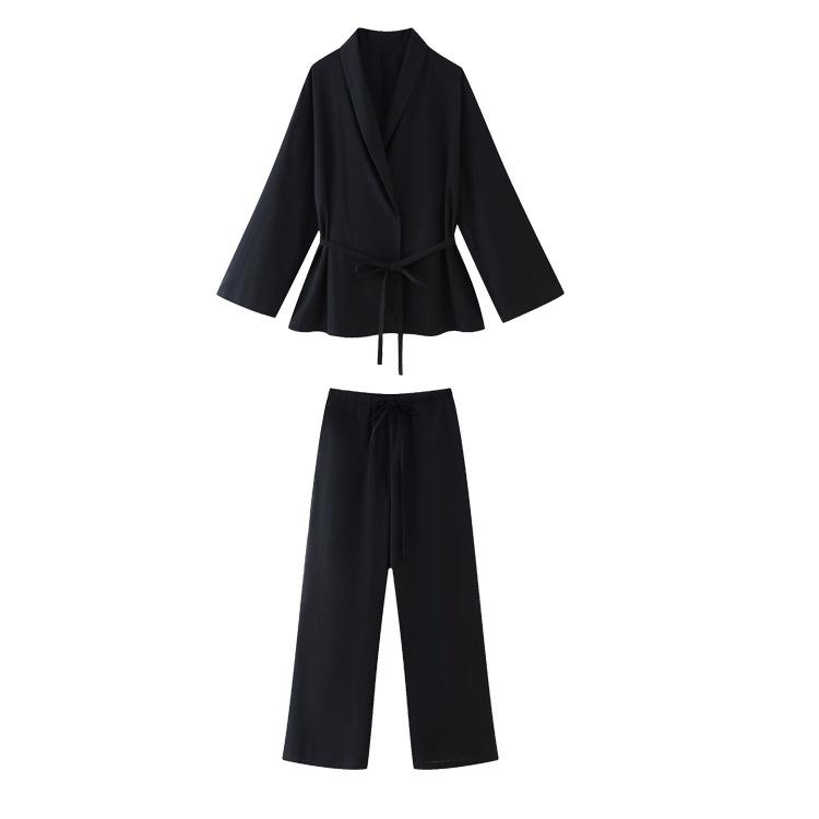 

Women s V-Neck Tie-Waist Casual Suit Set - Light Khaki Wide Leg Pants Outfit L