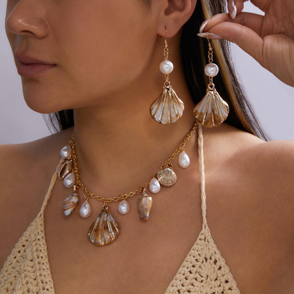 Boho Ocean Theme Jewelry Set for Women Metal Starfish Conch Imitation Pearl Pendant Earrings Necklace Beach Party Jewelry Gifts