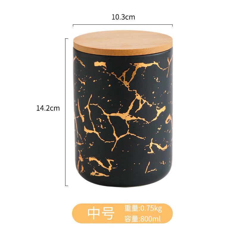 Modern Gold Plated Marbled Ceramic Jar with Wood Lid Kitchen Spice Grain Tank Candy Nut Tank Sealed Storage Jar Gift Home Decor