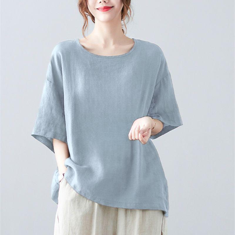 

Повседневная художественная хлопковая льняная женская футболка с короткими рукавами, винтажный топ на лето, свободный крой, одежда для мам больших размеров XXXXL небесно-голубой