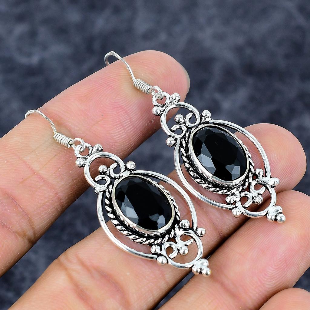 Black Spinel Gemstone Handmade 925 Sterling Silver Jewelry Earring 2.21" M-3289