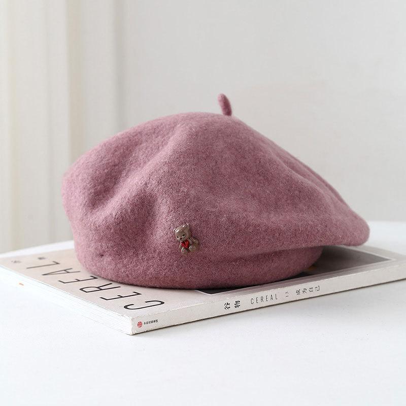 

Winter Hats Woman Wool Beret Cartoon Bear Retro Painter Cap Women Octagonal Beanie 56-58cm