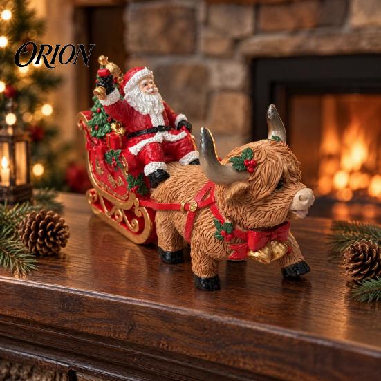 Small Sleigh Figurine for Shelves Christmas Santa Highland Cow Figurine, Resin Claus Hand Painted Winter Wonderland Collectibles Tabletop Decoration