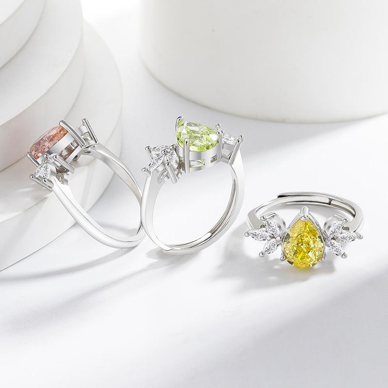 925 Sterling Silver Ice Flower Cut Pear Shape Color Gem Ring for Women Inlaid Brilliant High Carbon Diamond Band Daily Jewelry Gift