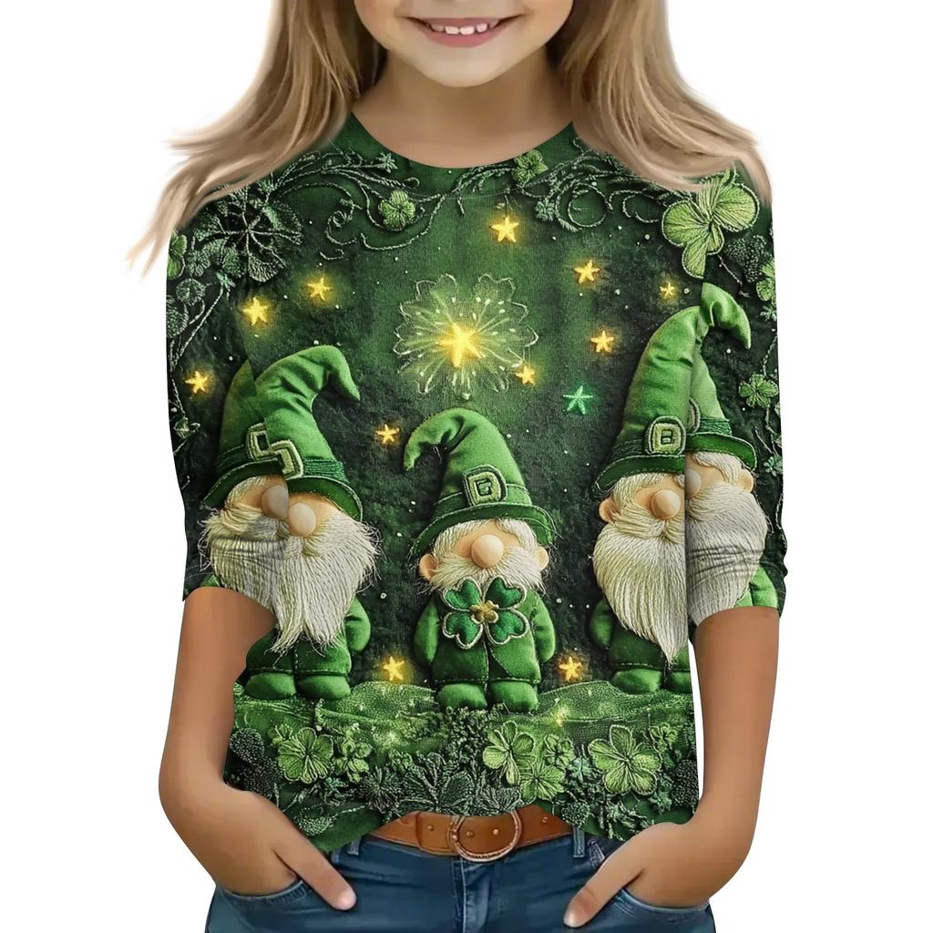 Print Tops For Youth Girls 5-16 Years Round Neck 3/4 Sleeves T-Shirts Trendy Tops Outfit Tees