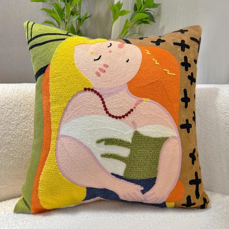 Cartoon Oil Painting Embroidery Cute Throw Pillow Office Chair Cushion Living Room Bedroom Rchair Cushion Window Pillow Cover