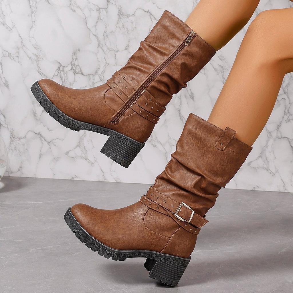Fashion Big Size Low Heels Platform Long Boots Autumn Winter Comfortable Shoes Women Warm Booties Vintage Brown Women Knee High Boots