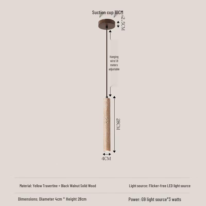Minimalist Yellow Travertine & Walnut Bedside Pendant Lamp