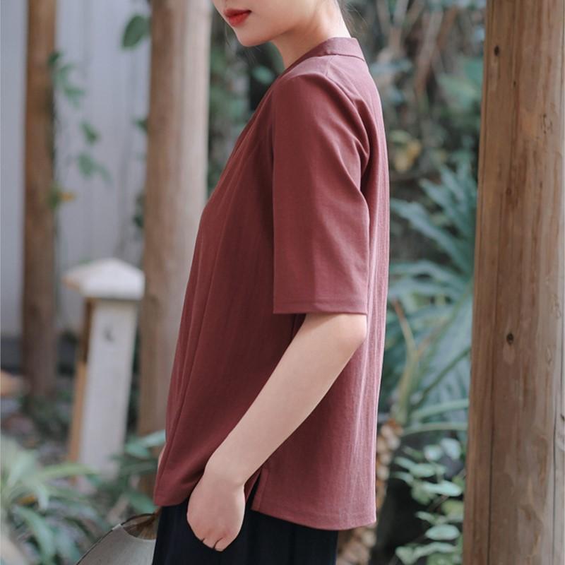 Johnature Women Chinese Style T-Shirts Solid Color V-Neck Seven Sleeve Summer Loose Casual T-Shirts