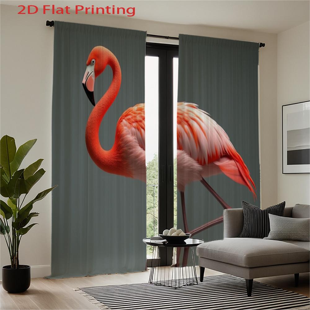 2pcs Flamingo Print Curtains - Vibrant Pink & White Flamingo Design   Semi-Transparent Polyester Fabric   Rod Pocket for Easy Hang