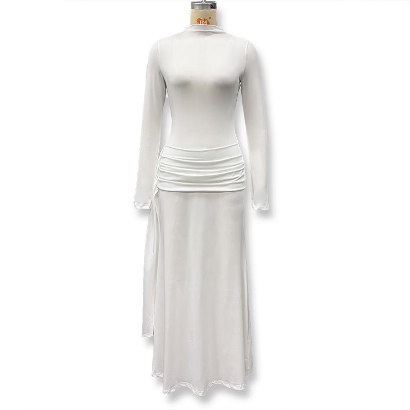 Elegant European Slim Fit Bodycon Dress - Autumn/Winter Collection, Solid Color, Pleated, Flowy, Belted Design
