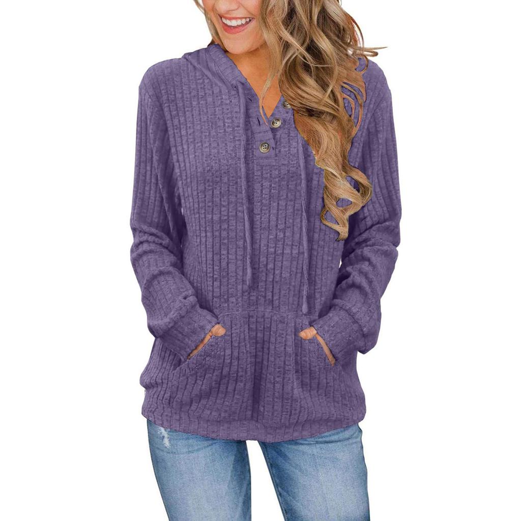 Women's Fashion Long Sleeve Solid Color  Casual Ribbed Button Hoodie Top