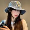 Japanese Bear Embroidered Denim Bucket Hat Women's Season New Big Head Circumference Big Brim Sunshade Washbasin Hat