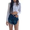 Sommer Hip-Hop-Metallelemente Hohe Taille Tiefe Taschen Jeans Damen Zerrissene Shorts