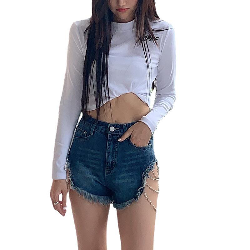 Sommer Hip-Hop-Metallelemente Hohe Taille Tiefe Taschen Jeans Damen Zerrissene Shorts