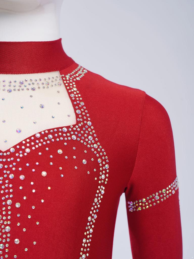 Girls Fringe Latin Dance Costume Mock Neck Long Sleeve Keyhole Back Shiny Rhinestones Tassels Leotard