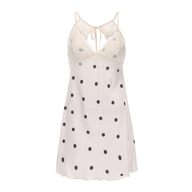 

[Tinglan Xiangxie] Sexy Polka Dot Sling Nightdress Satin Silky Deep V French style Lace Short dress With Chest Pad Summer Milk apricot 170(XL)