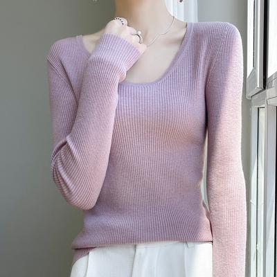 Crew Neck Sweater Tight Long-sleeved Inner with Large U-neck Knitted Sweater Early Autumn New Basic Versatile Solid Color Bottoming Shirt Women