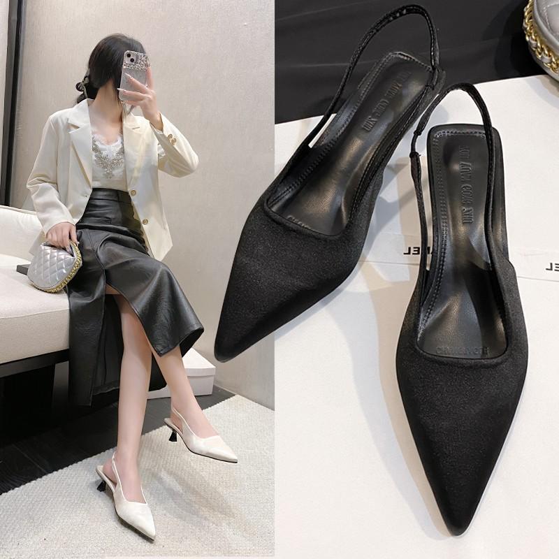 French high heels black temperament bag head sandals fairy shoes 2025 new spring and summer thin heel pointed single shoes