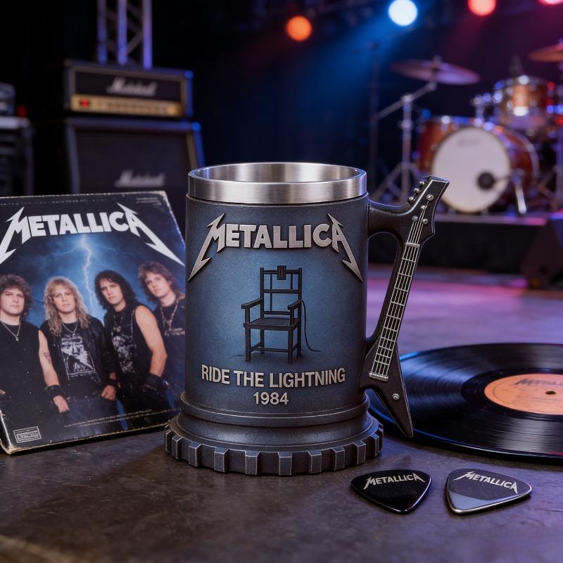 Metallica 3D Relief Kaffeetasse, Zahnradförmiger Sockel & Elektrische Gitarre Griff, Premium Harz & Stahlkrug für Metalheads