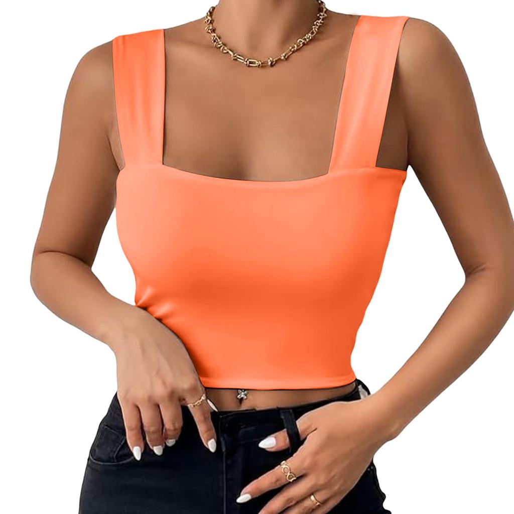 Basic Crop Tops for Women Square Collar Low Back Sleeveless Short Tank Top Solid Color Stretchy Bodycon Sexy Backless T Shirt