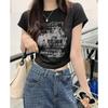 Hong Kong style chin printed round neck right shoulder t-shirt top for women summer design niche pleated waist hot girl short sleeves