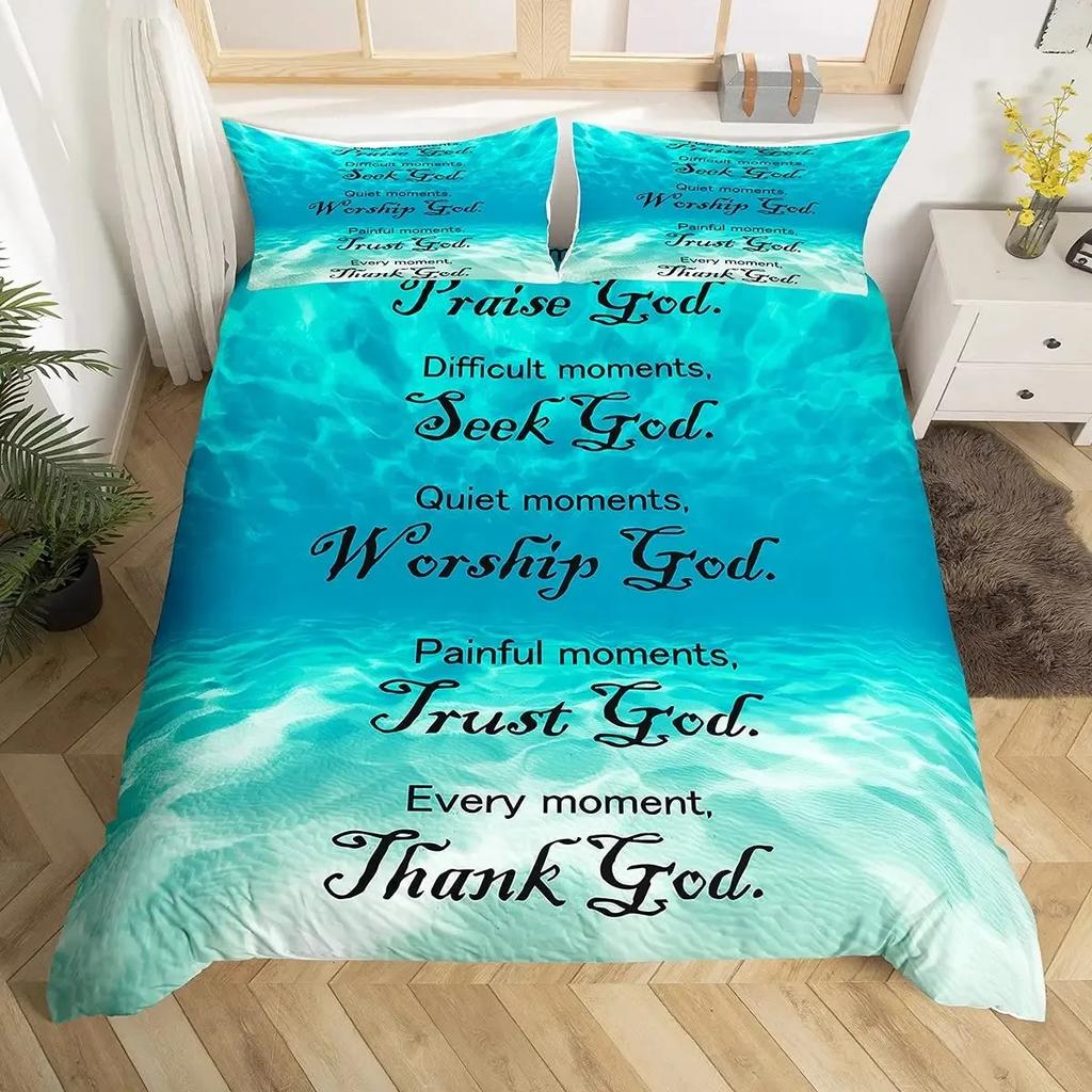 Christian Healing Duvet Cover Set with Inspirational Thoughts and Prayers Women Bedding Sets Colorful Sky Bedspreads Cover Queen