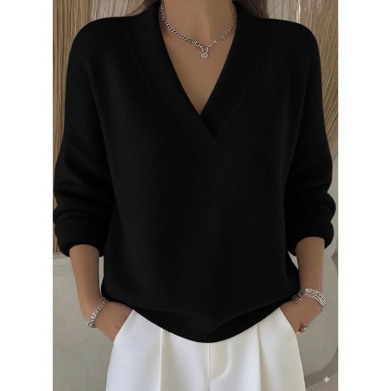2026 Womens V-Neck Loose Knit Sweater Winter Solid Color Casual Pullover Cotton Acrylic Blend
