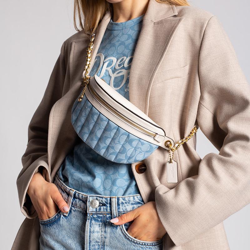 Coach Chain Chambray Floral Quilted Canvas And Leather Shoulder Crossbody Bag Women bags White Blue C4675-B4SUX