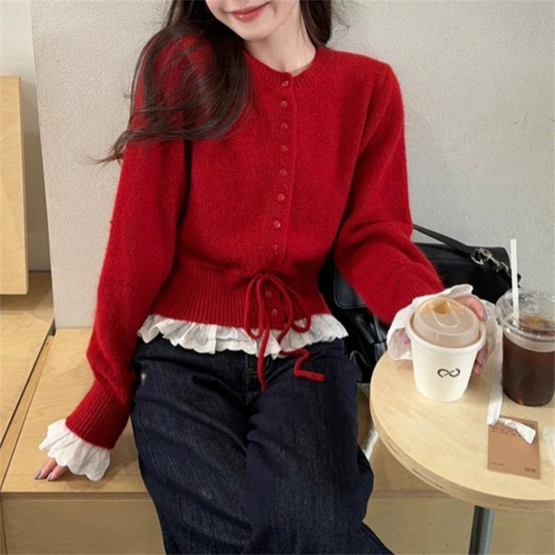 

весна осень Сетчатая вставка фальшивая двойка Вязаный свитер Короткий кардиган куртка Свободный Круглый вырез корейский повседневный Свитера Женщины One Size