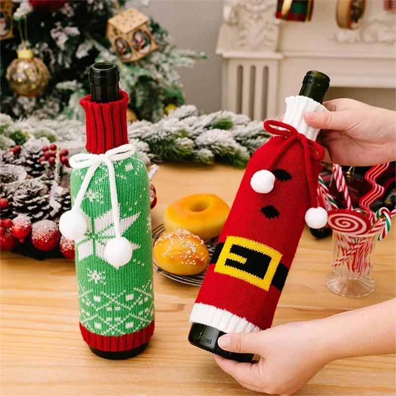 1Pcs Christmas Wine Bottle Covers Cartoon Santa Snowman Knitted Red Wine Bottle Bags New Year Party Xmas Dinner Table Decoration