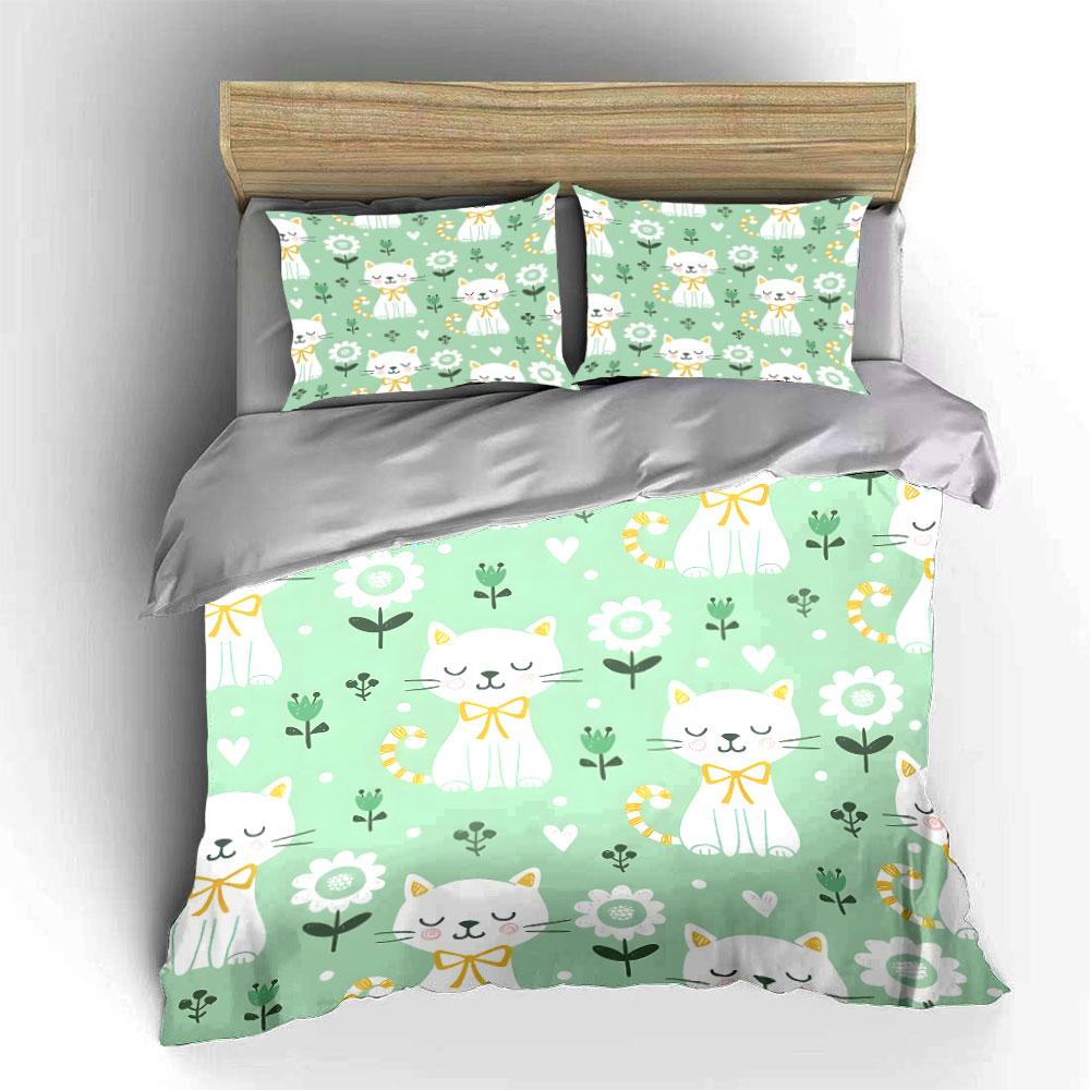 Cute Cats and Flowers Pattern Bedding Duvet Cover Set (1*Duvet Cover 2*Pillowcases, Without Duvet Insert)