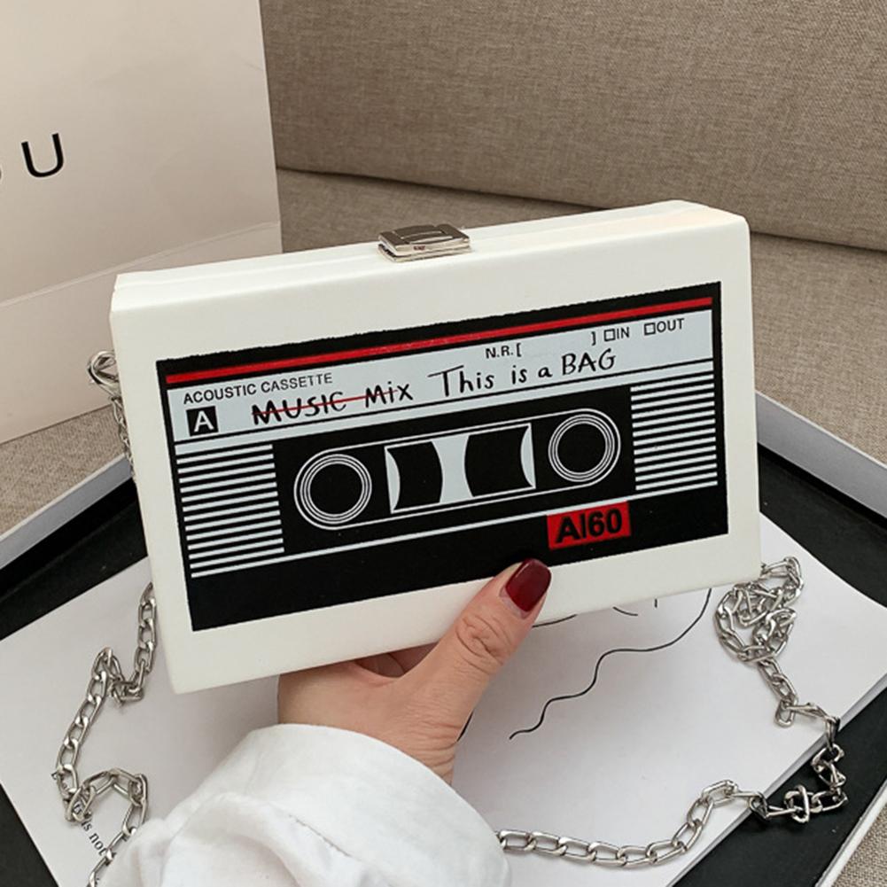 Women Mini Chain Purse Radio Shape Vintage Satchel Bag PU Leather Tape Recorder Print for Women Teen Girls