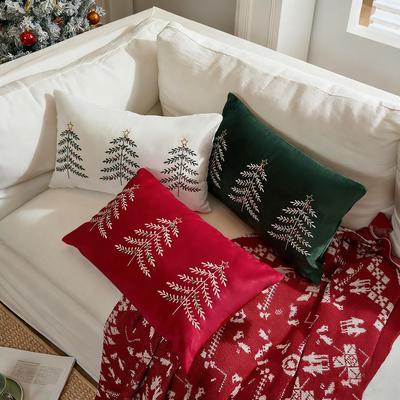 Christmas Tree Embroidered Lumbar Pillow Cover Velvet Festive Sofa Cushion Cover Throw Pillow Case for Living Room Bedroom Home Decoration