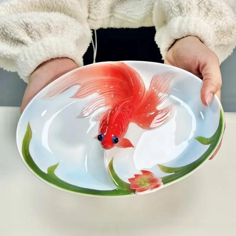 

Керамическая разделительная миска с изображением кои, покрытая подглазурной глазурью, с двойной решеткой, тарелка для закусок, сухофруктов, миска для гарниров для дома