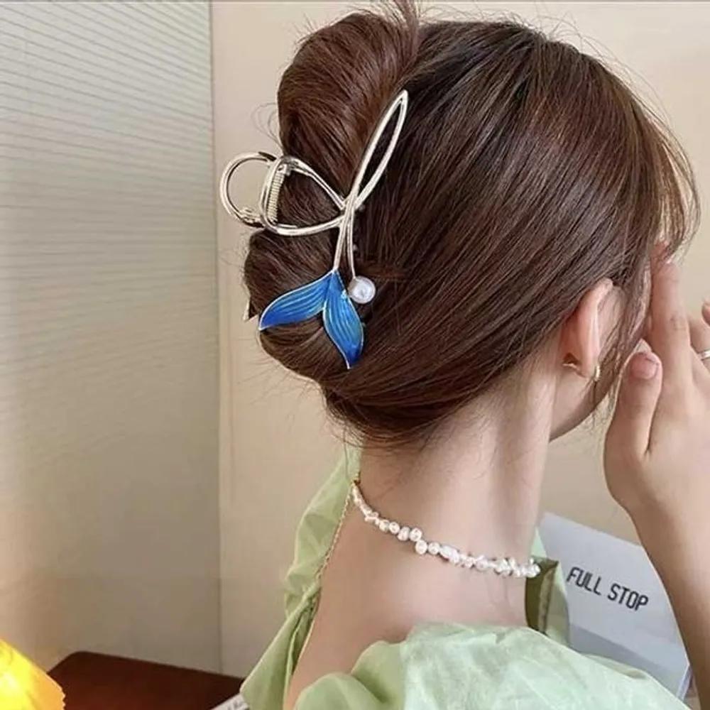 Blue whale tail pearl hair clip Korean women s hair clip Blue
