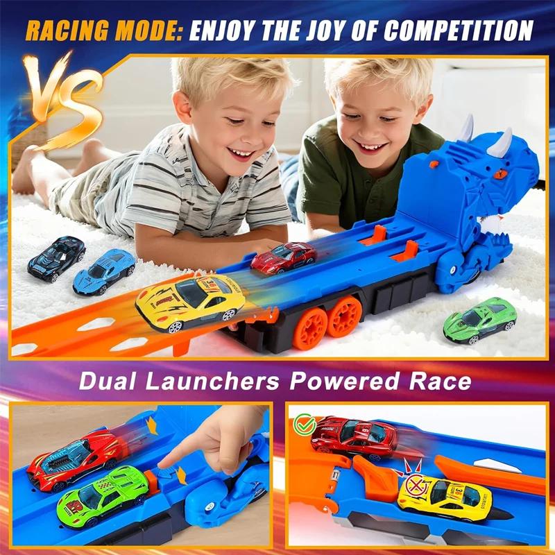 Dinosaur Transport Racing game Toy Set With 12 Molded Racing Cars, Transforming Dinosaur Car With Handle, Gift For Kids Aged 3-5
